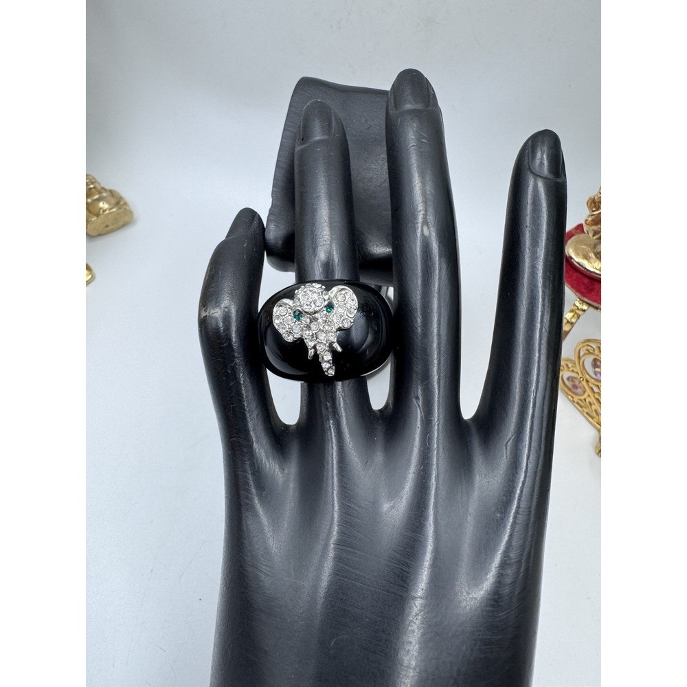 Modern Elephant Acrylic Ring Black with Green and Clear Rhinestones Size 7.5